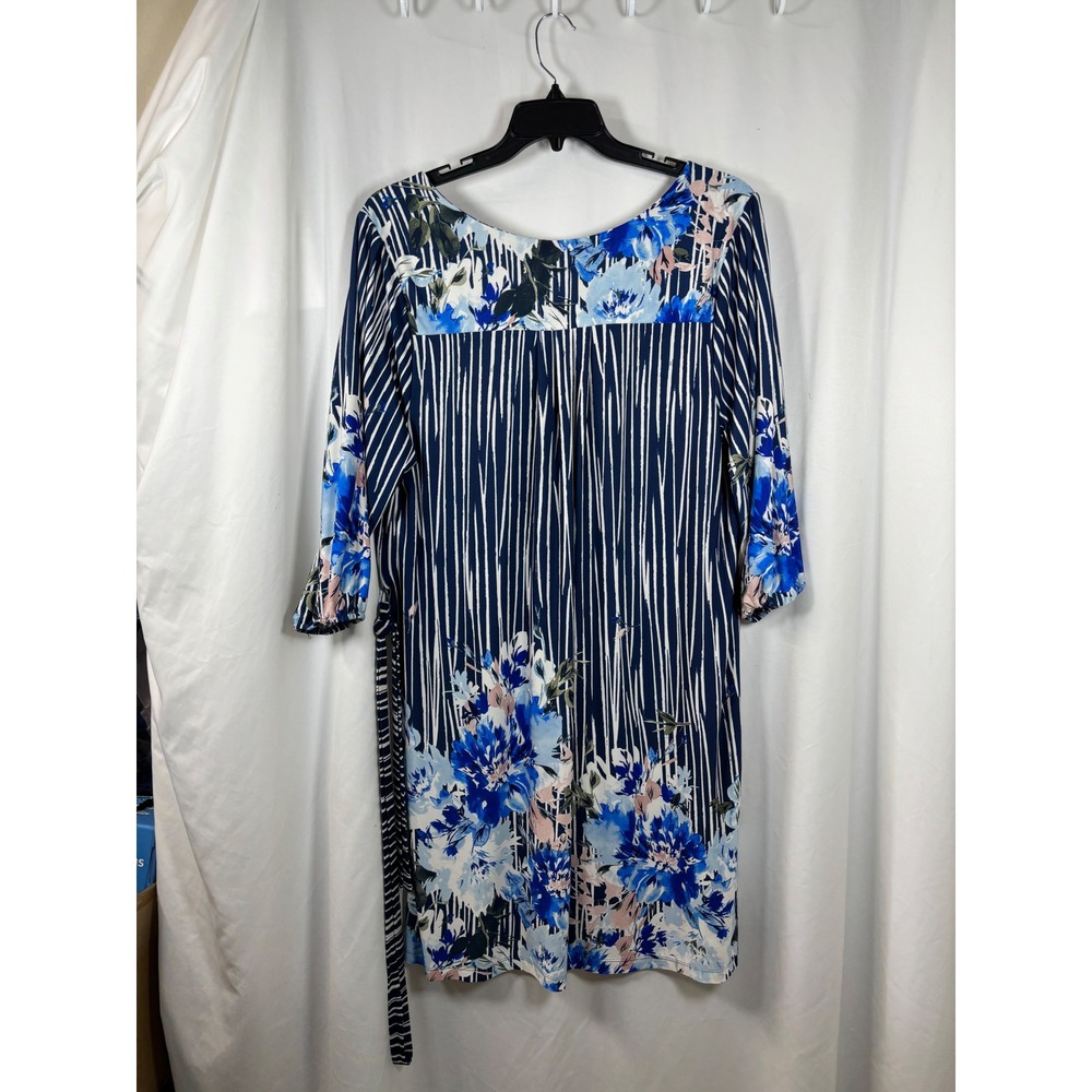 Luxology Womens 2X Blue Floral Striped Split Neck 3/4 Sleeve Tie Waist Dress
